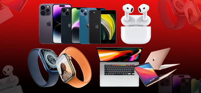 Amazon Apple Products Collection Image featuring iPhones, Apple Watches, Apple Laptops, and Apple AirPods