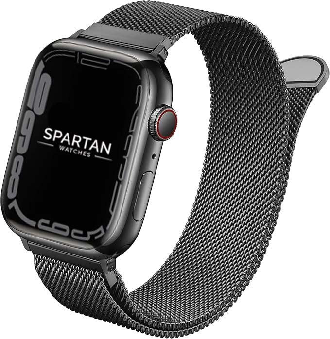 Black Milanese Loop Apple Watch Band angled facing to the left with Spartan Watches logo on the display.