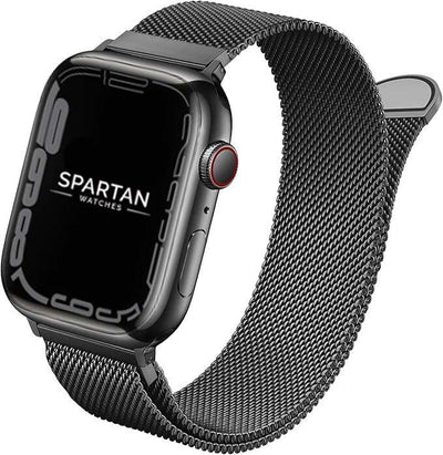 Black Milanese Loop Apple Watch Band angled facing to the left with Spartan Watches logo on the display.