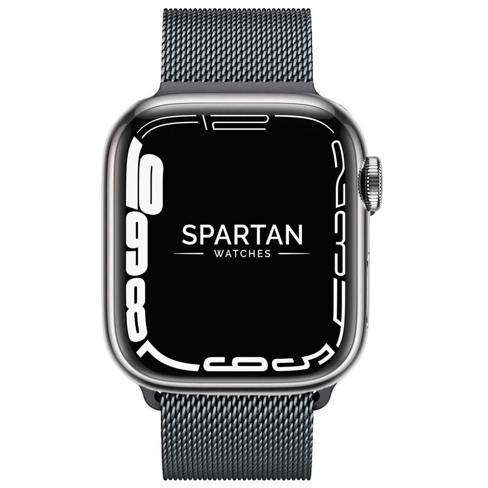 Black Milanese Loop Apple Watch Band facing forward with Spartan Watches logo on the display.