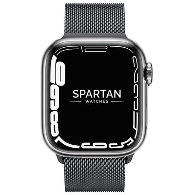 Black Milanese Loop Apple Watch Band facing forward with Spartan Watches logo on the display.