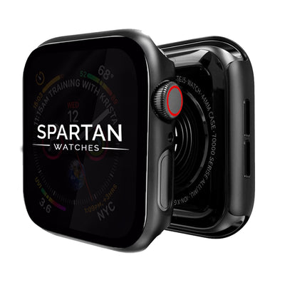 Full Coverage Hard PC Case with Transparent Tempered Glass Screen Protector attached to Apple Watch with Spartan Watches logo on apple watch face