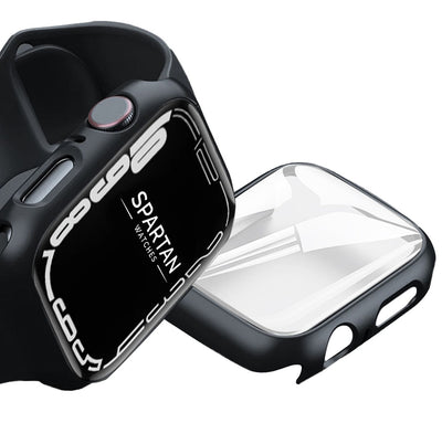 Full Coverage Hard PC Case with Transparent Tempered Glass Screen Protector attached to Apple Watch with Spartan Watches logo on apple watch face