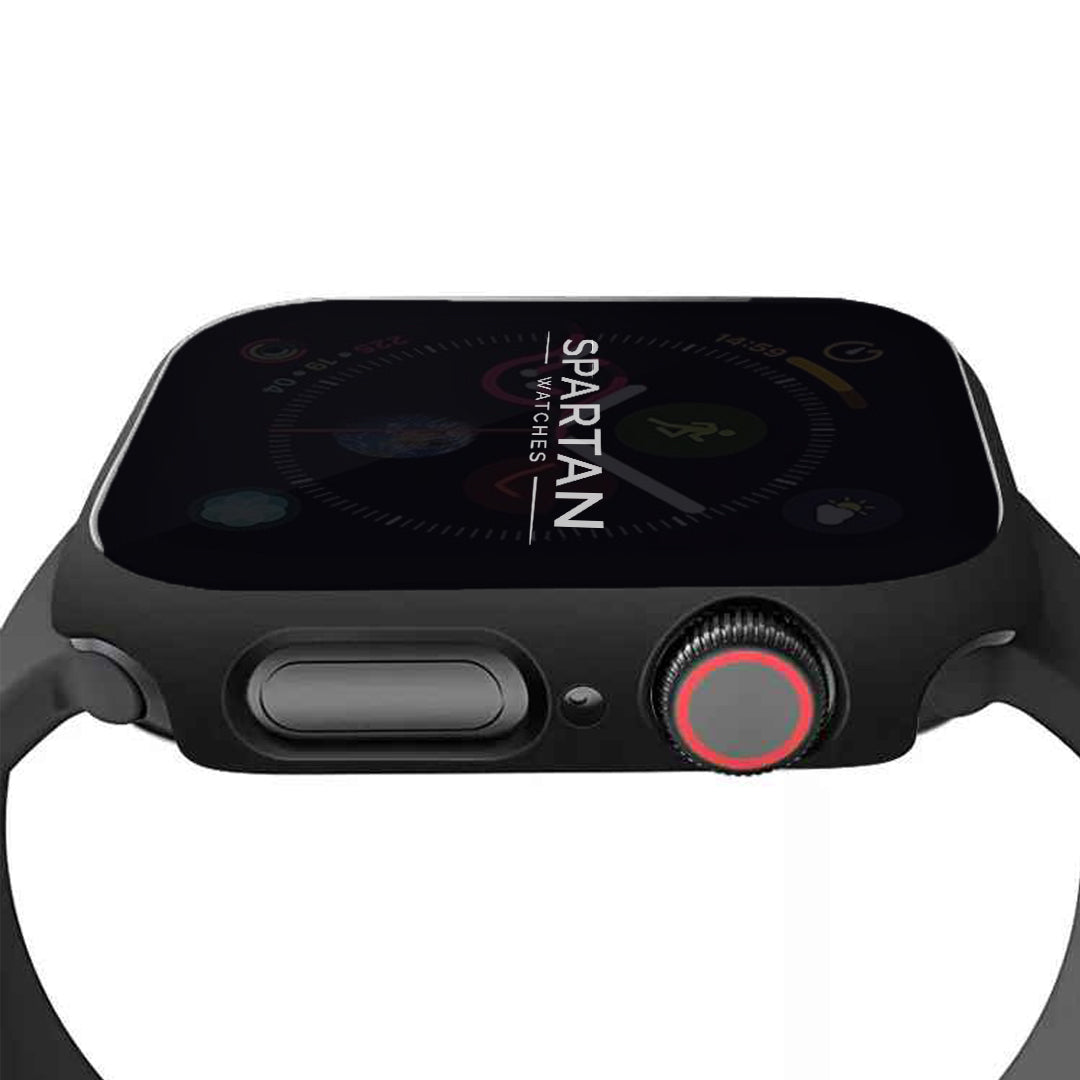 Full Coverage Hard PC Case with Transparent Tempered Glass Screen Protector attached to Apple Watch with Spartan Watches logo on apple watch face